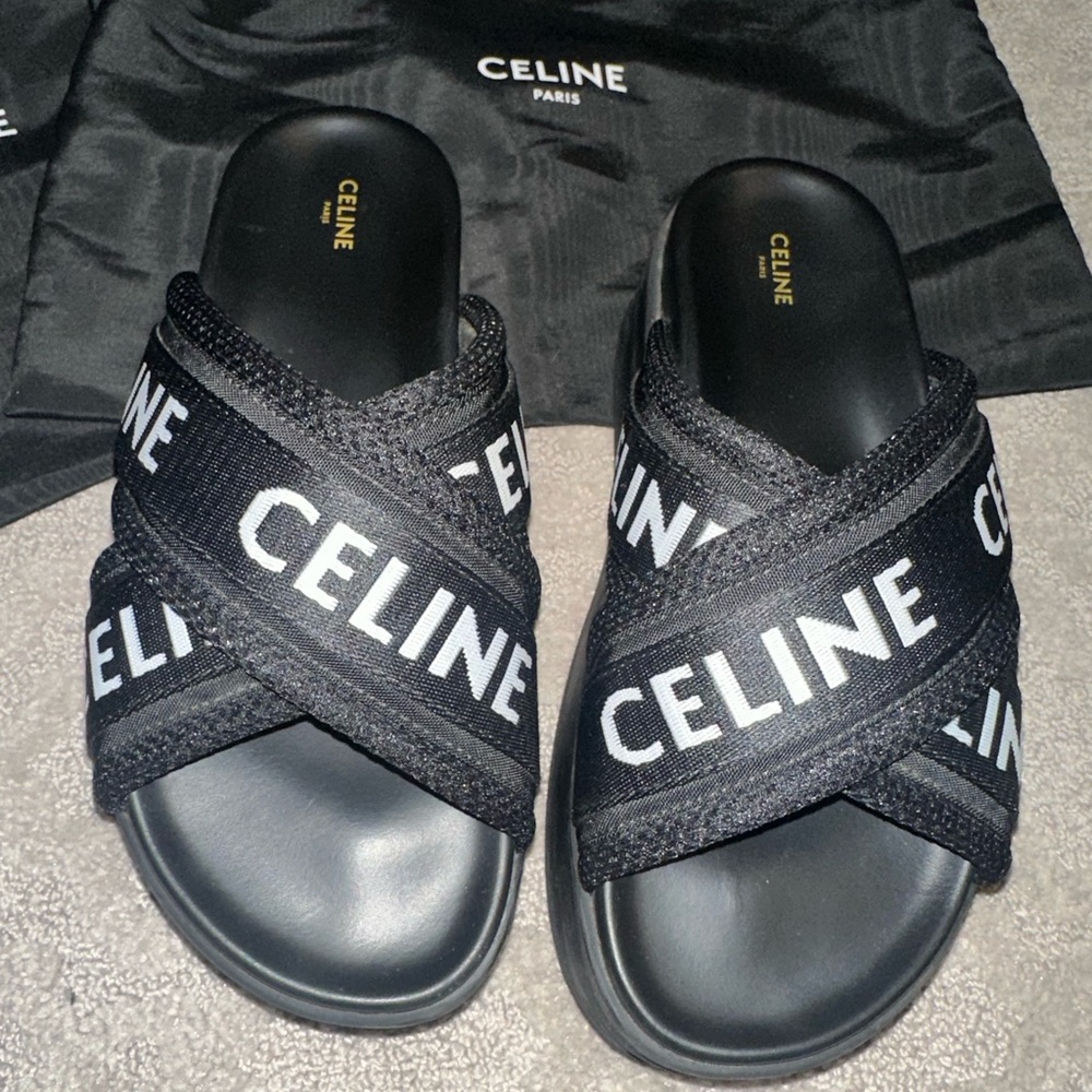 CELINE BLOCK SLIDE IN MESH & TEXTILE-black